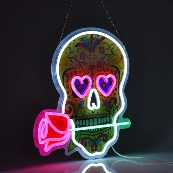 Neon Skull Rose Day of Dead Calavera Hispanic Aztec Retro LED Party Cute Light - Picture 3 of 5